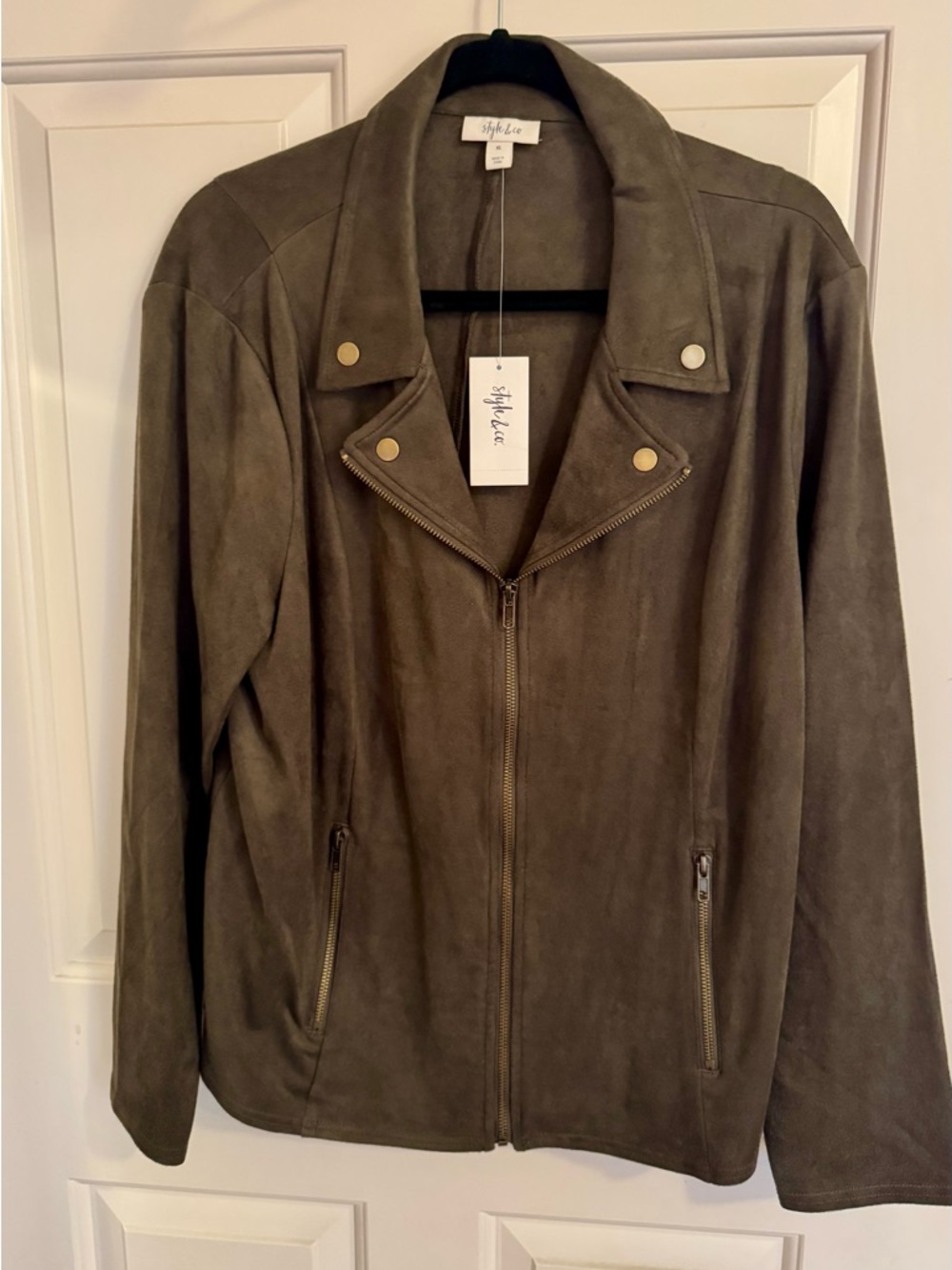 **NWT** Style & Co. Olive Suede-Look Moto Zip Jacket XL - Picture 2 of 11